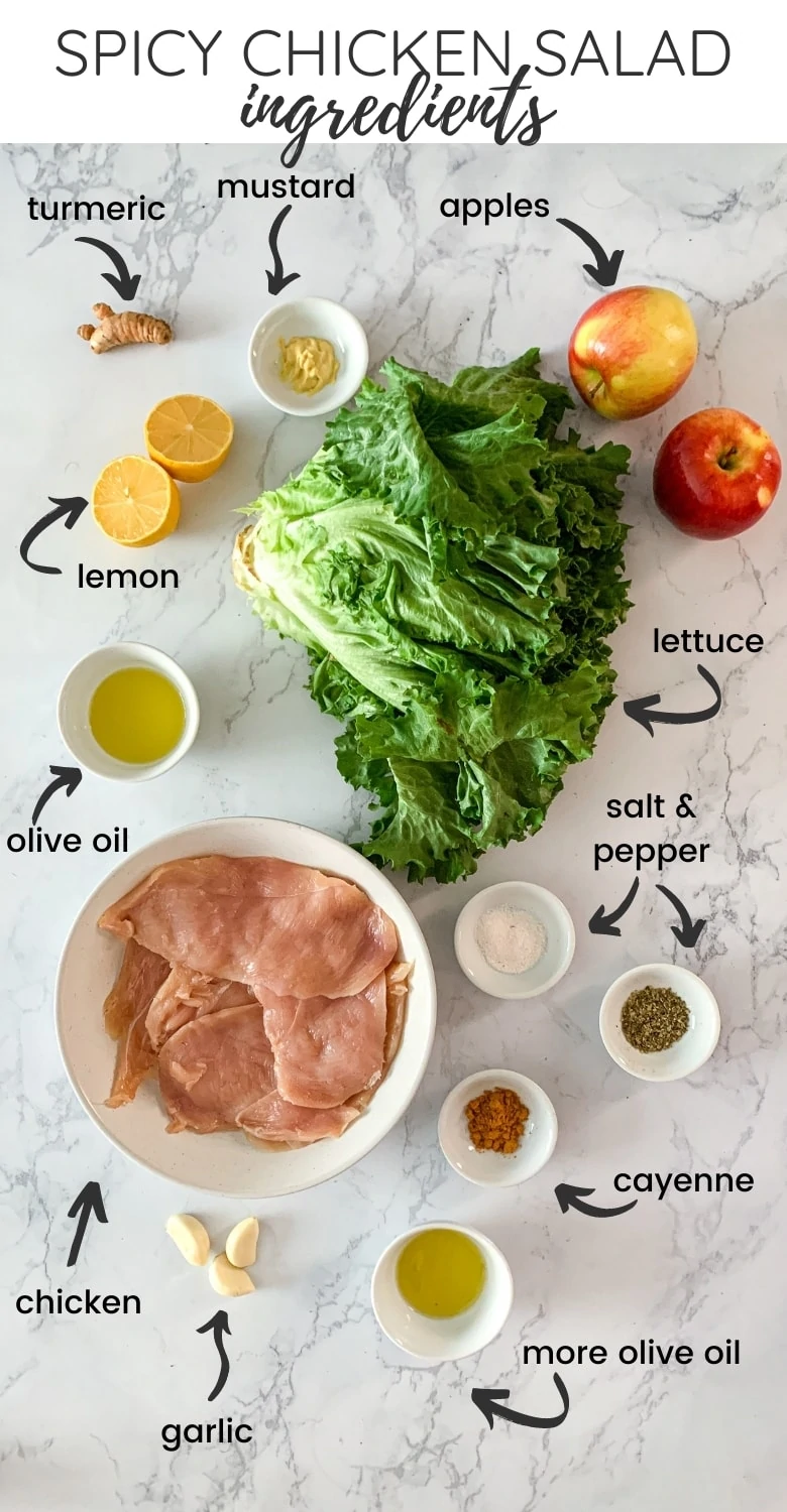 flatlay showing ingredients needed to make a spicy chicken salad recipe - labelled with arrows