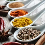 Various of spices on rustick wooden table