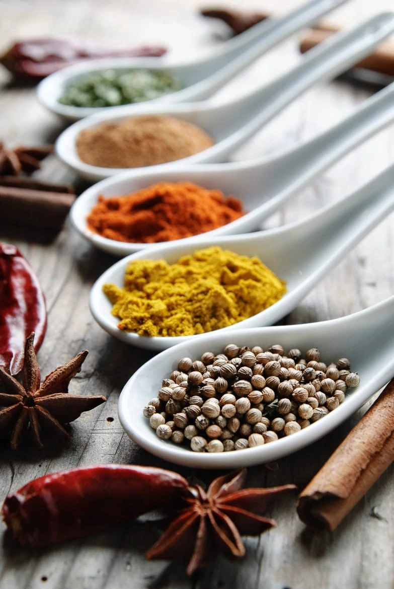 Various of spices on rustick wooden table