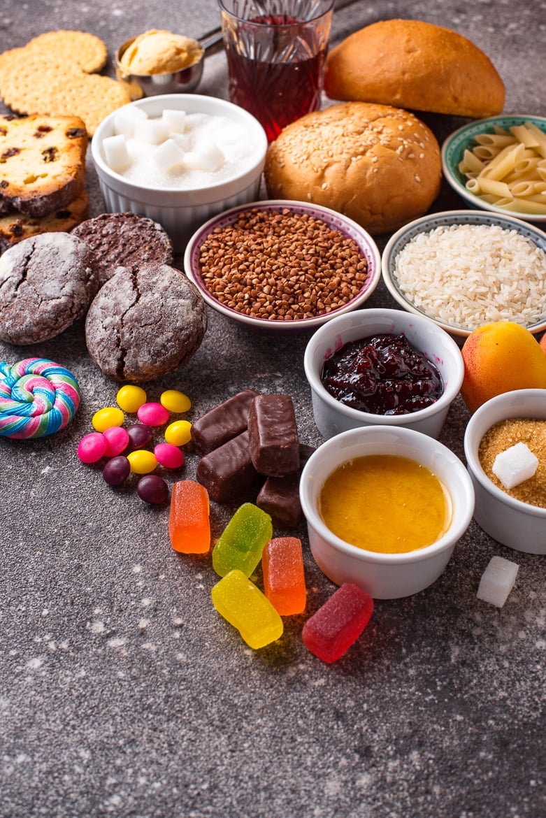 Assortment of simple carbohydrates food. Products high in sugar