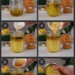 step by step preparation shots of how to make homemade honey mustard salad dressing in a mason jar