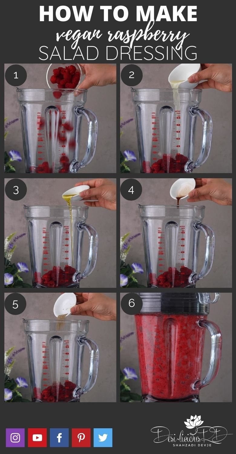 step by step preparation shots of how to make homemade raspberry salad dressing in a blender