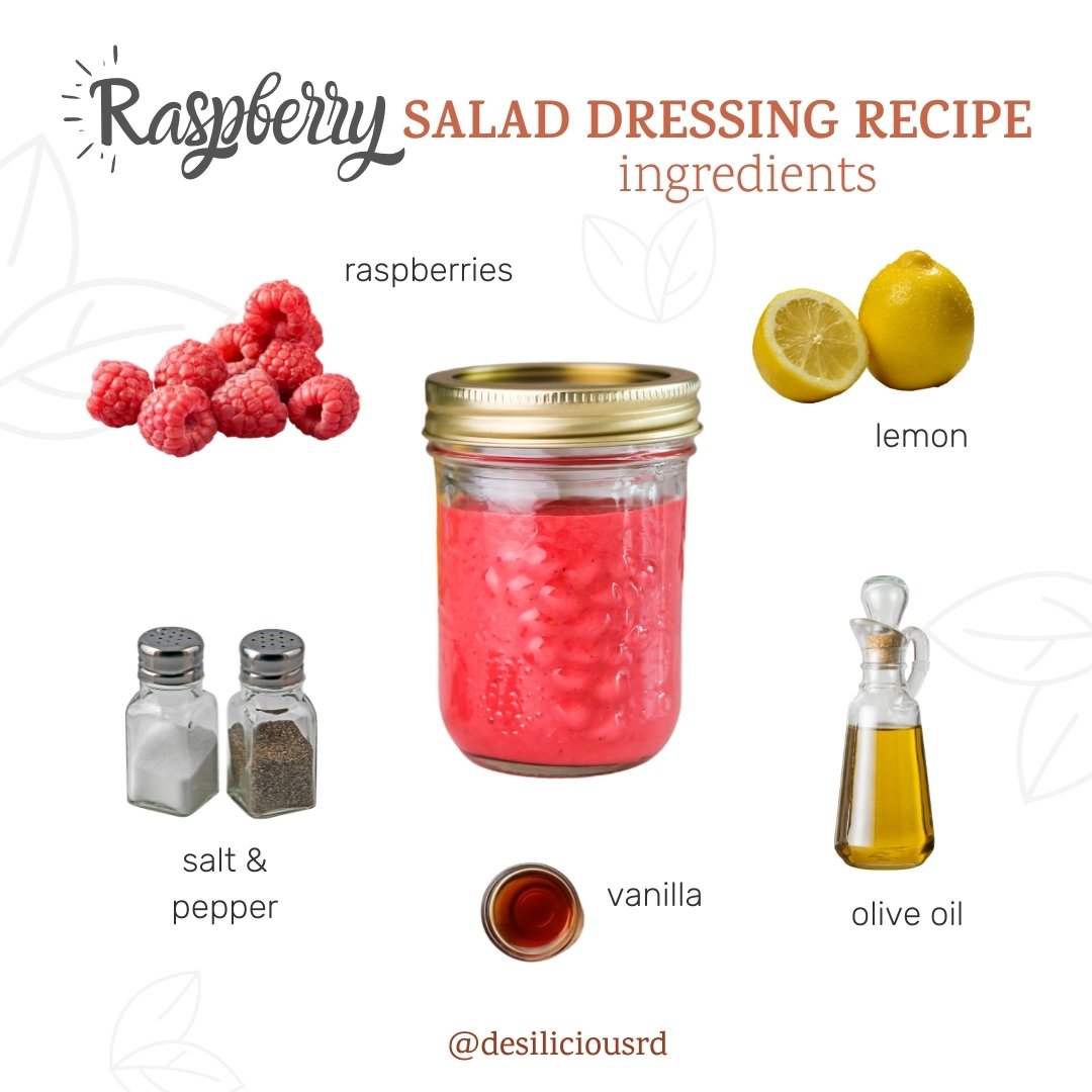 graphic showing raspberry salad dressing in a mason jar with its respective ingredients all around with accompanying labels