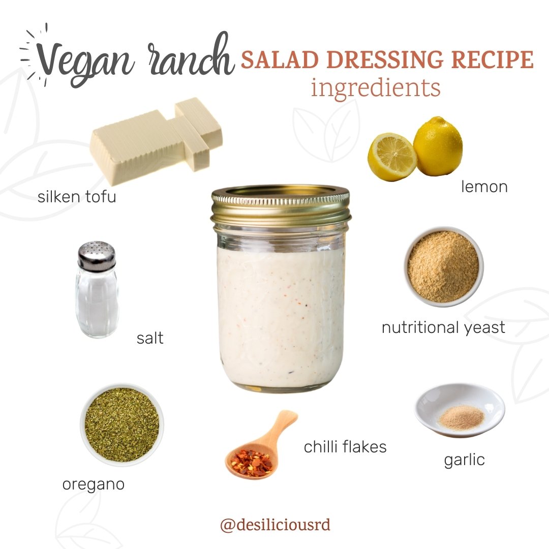 graphic showing ranch dressing in a mason jar with its respective ingredients all around with accompanying labels