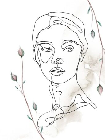 graphic of lady's face and neck with outline and floral buds around her face.