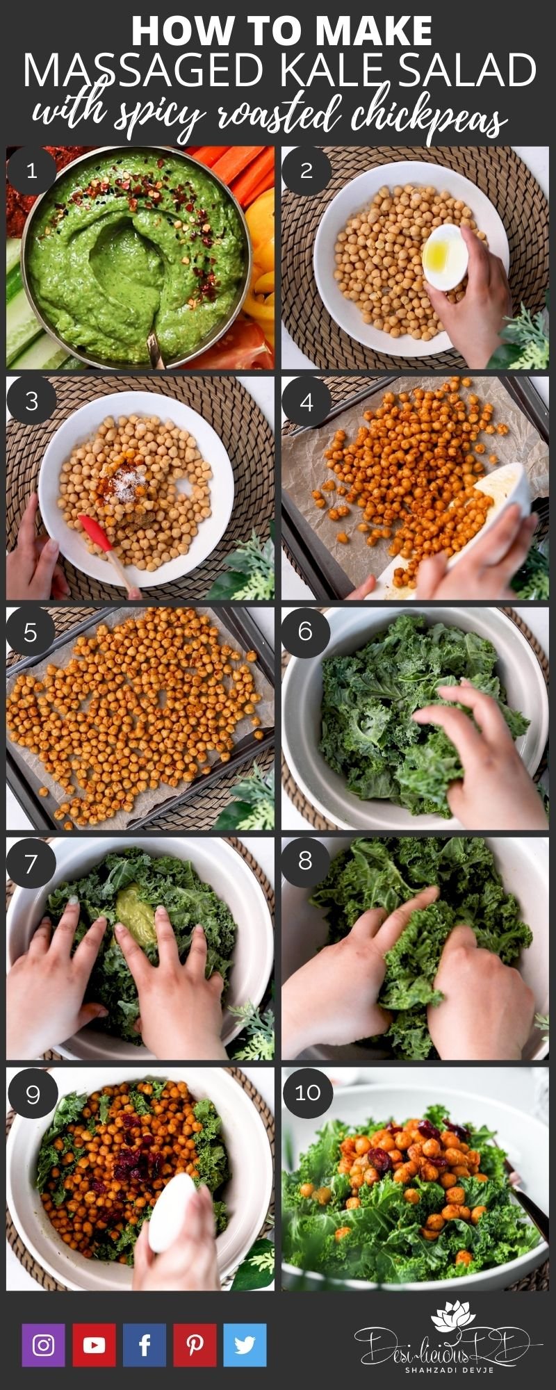 step by step preparation shots of how to make kale salad with spicy roasted chickpeas.