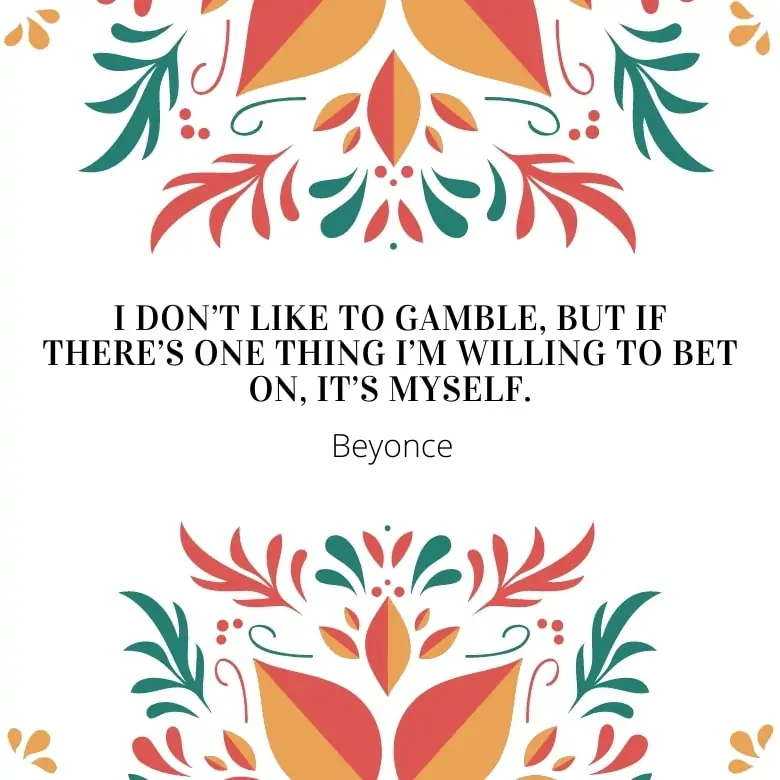 white graphic with red, green and orange ethnic design stems and leaves overlaid with a self love quote by Beyonce