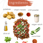 graphic showing loaded oven baked french fries with its respective ingredients all around with accompanying labels
