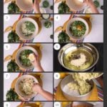 Step-by-step images showing how to make handvo in a mixing bowl. The batter is poured in a baking pan and sent for bake.