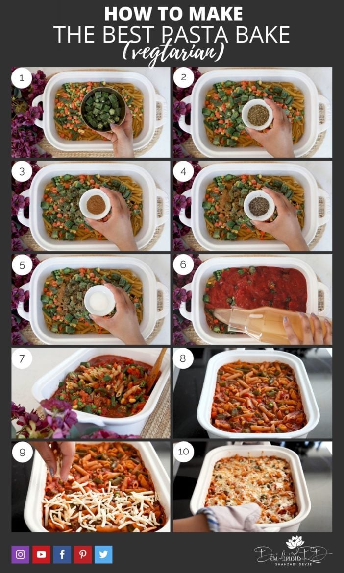 step by step preparation images of how to make oven baked pasta in a casserole dish using frozen vegetables