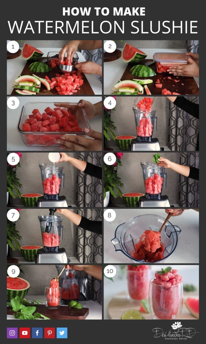 step by step preparation images of how to make watermelon slushie in the blender