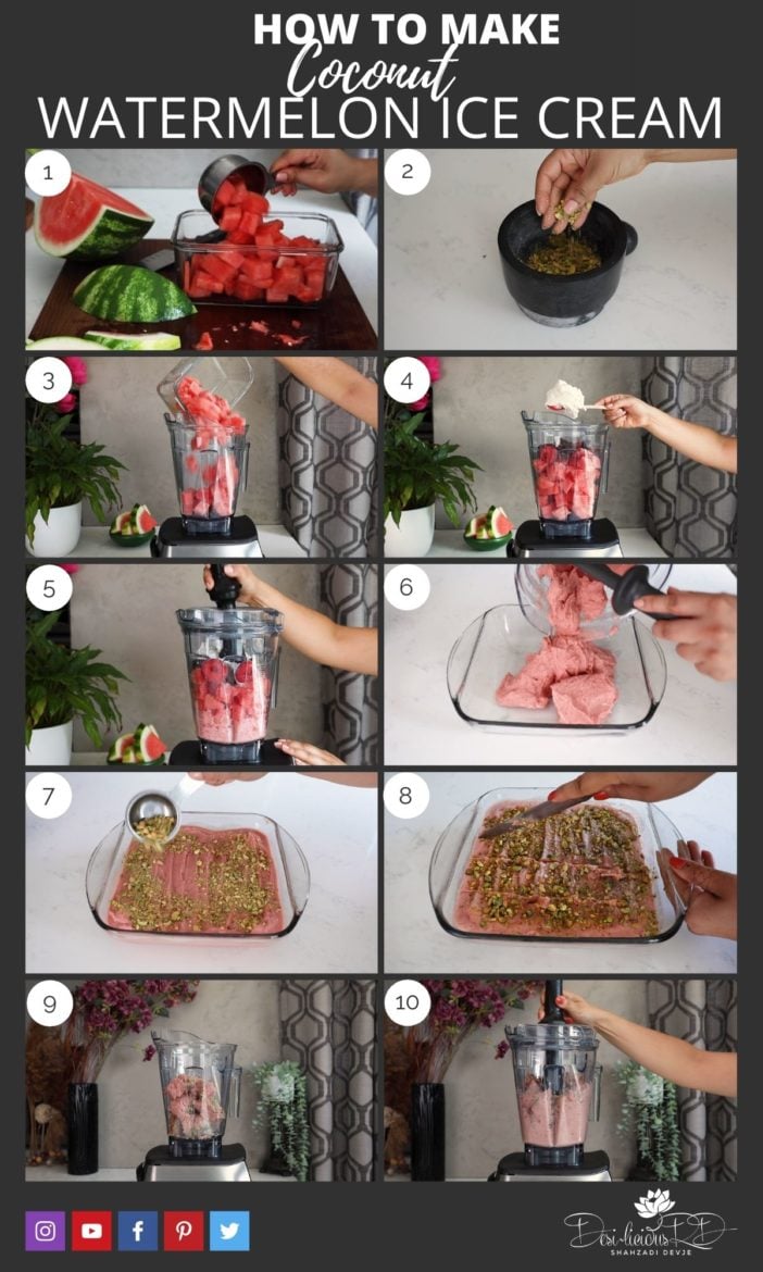 step by step preparation images of how to make homemade watermelon ice cream in a blender