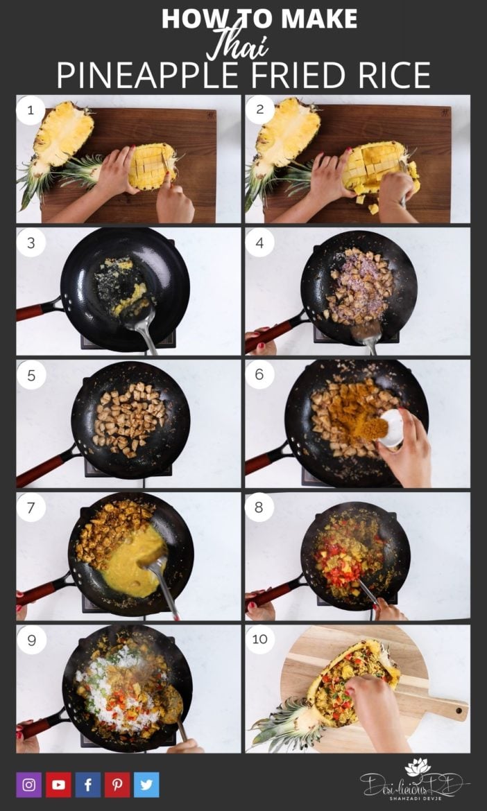 step by step preparation images of how to make Thai pineapple fried rice in a wok