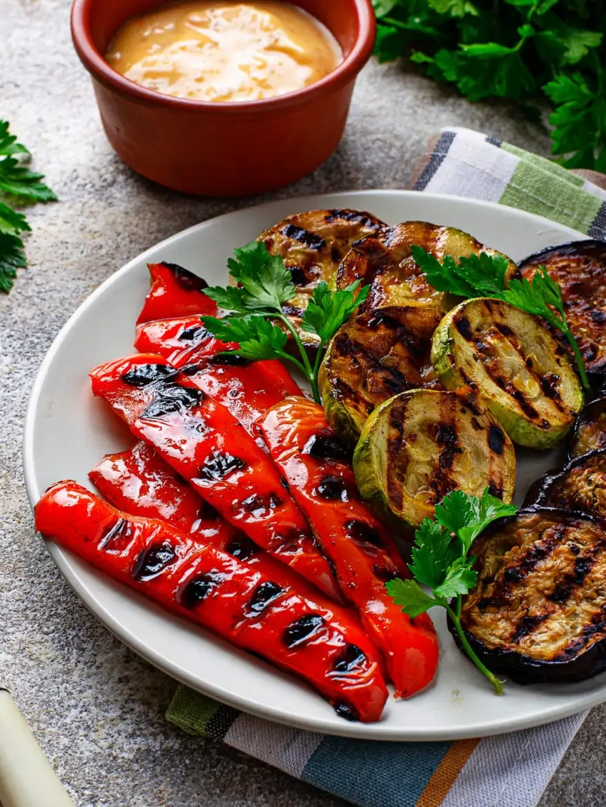 Grilled vegetables. Zucchini, bell pepper and eggplant. Summer vegan food