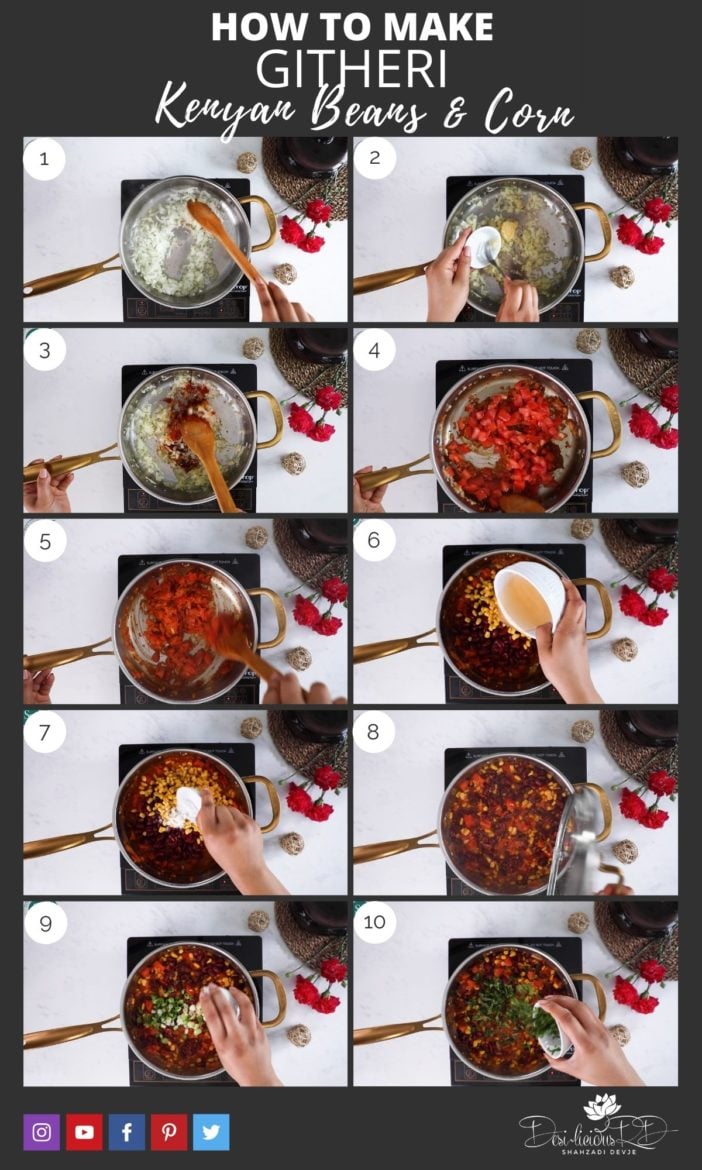 step by step preparation images of how to make githeri (kenyan beans and corn) in a pan on a stove.