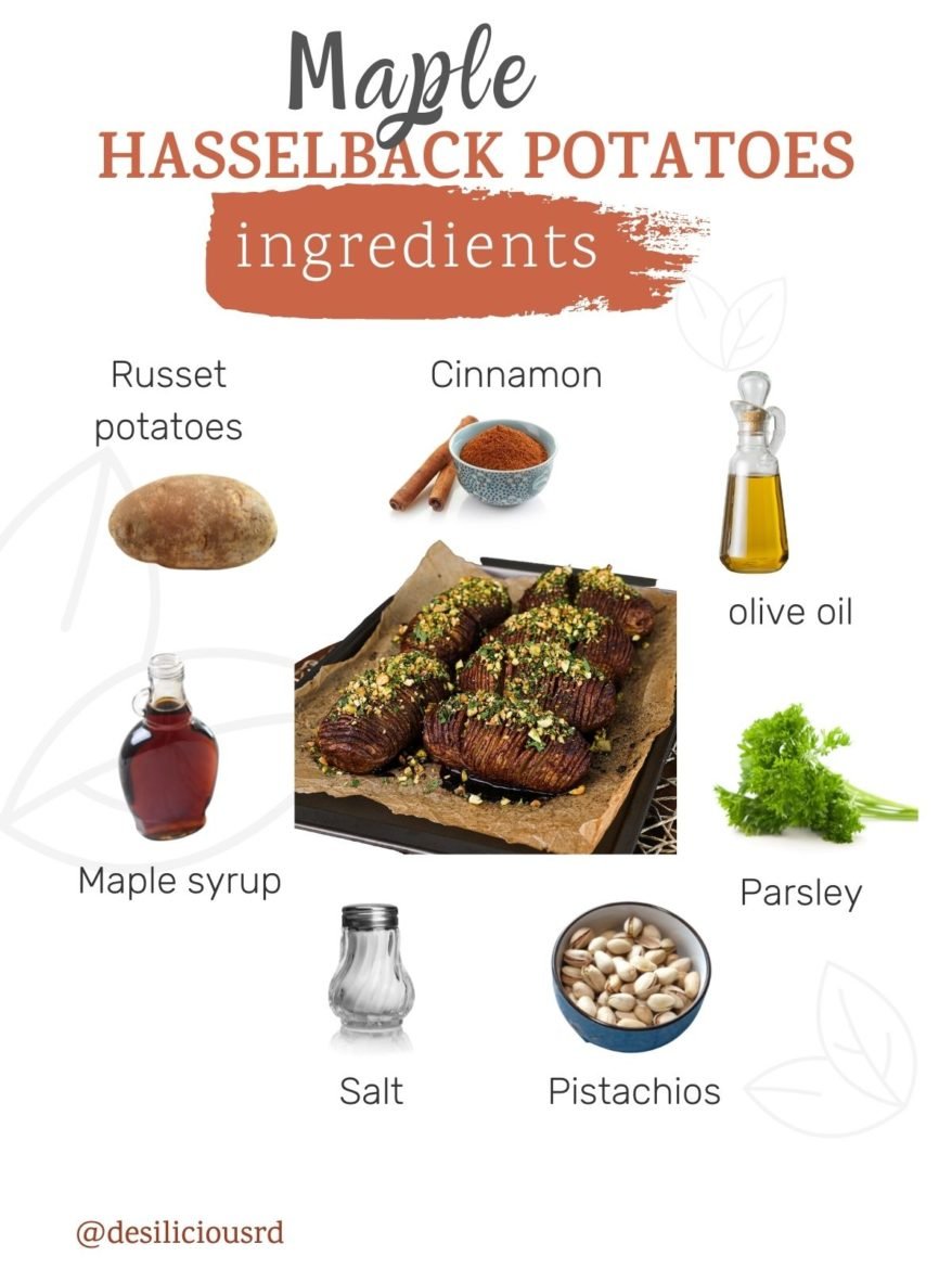 graphic showing the ingredients required to make Maple Hasselback potatoes. Ingredients how accompanying lables.