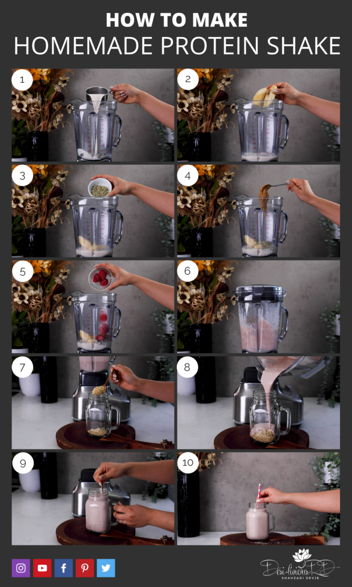 images showing how to make a homemade protein shake in a blender using wholesome ingredients