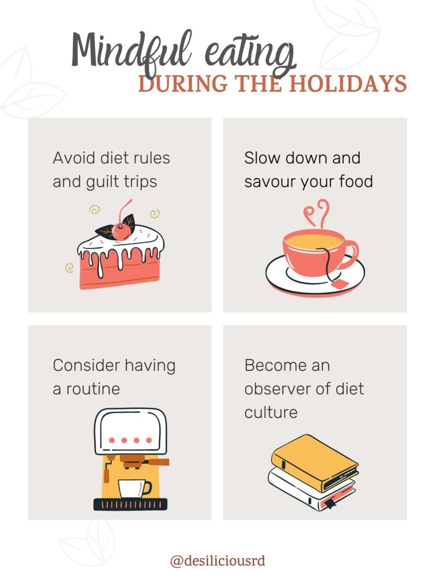 Graphic showing four mindful eating tips to try during the holiday season.