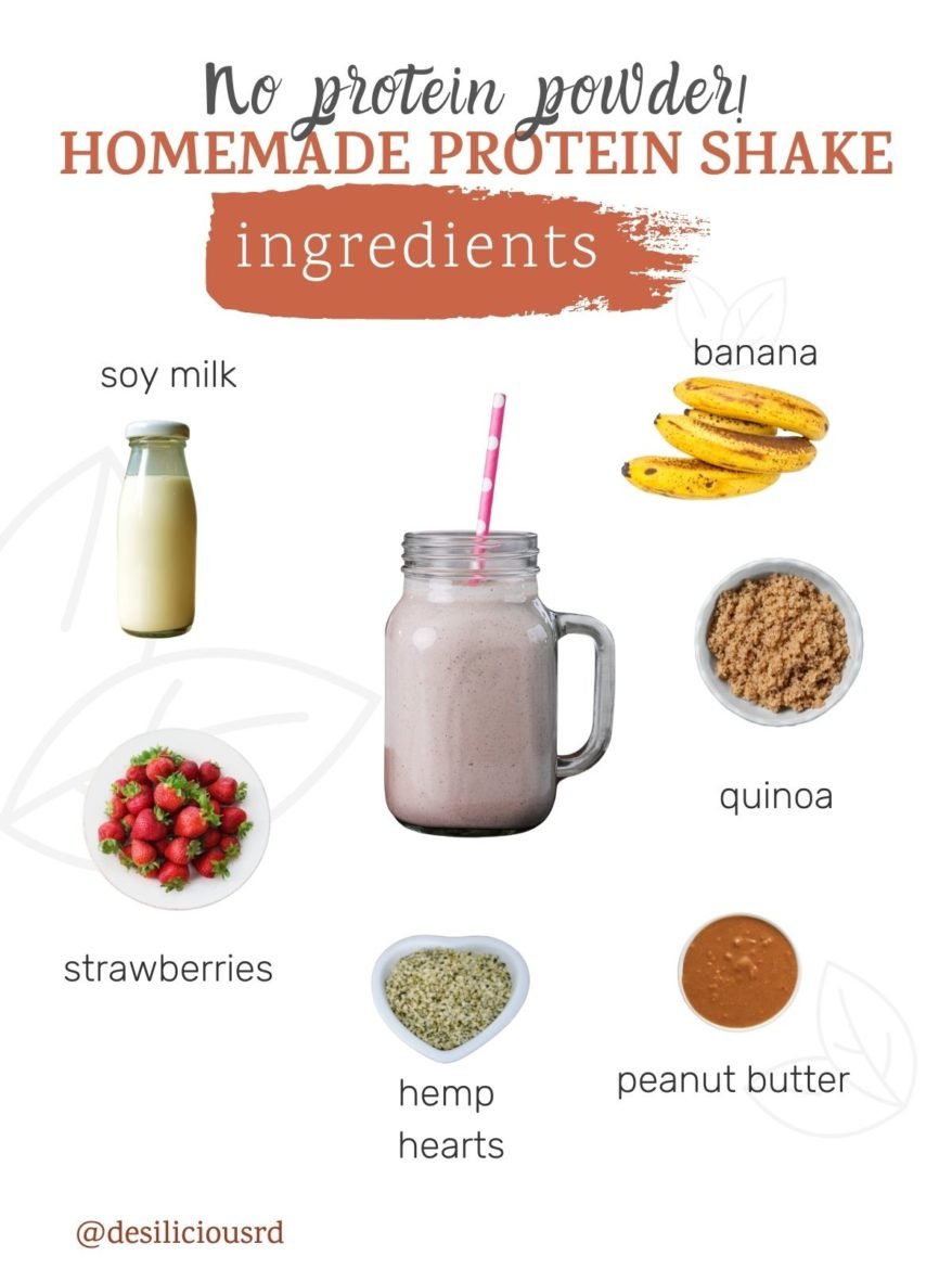 graphic showing ingredients needed to make homemade protein shake with accompanying labels