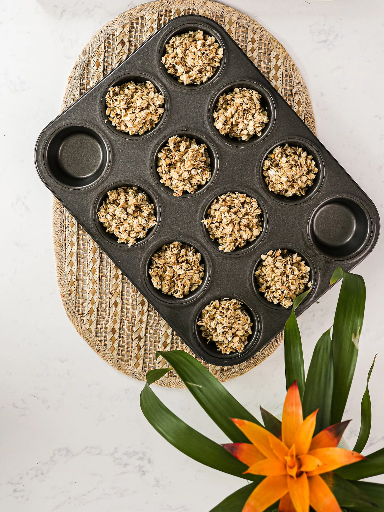 a cupcake pan filled with oats. There is a plant in one corner.