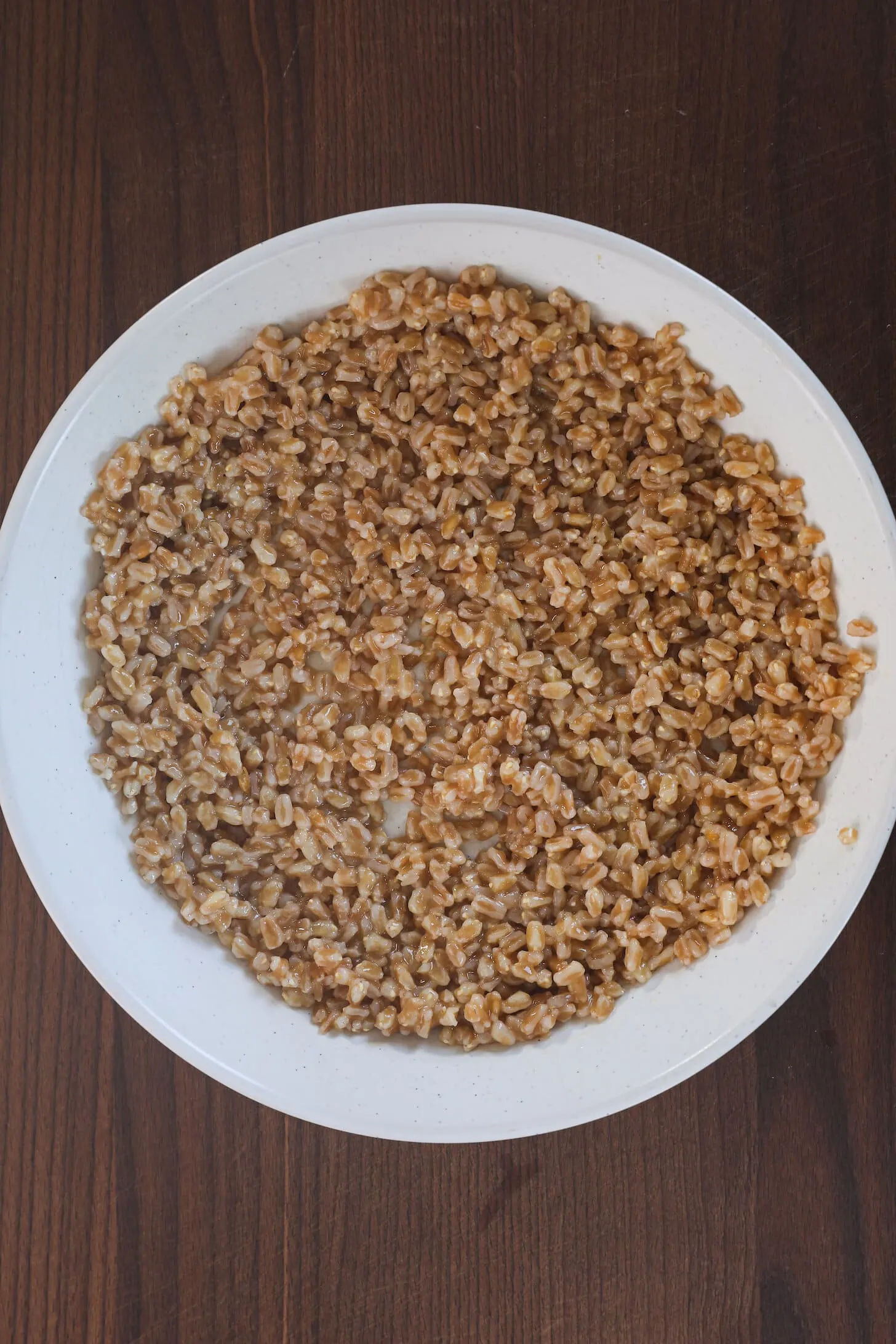 bowl of cooked farro grains spread out in a bowl.