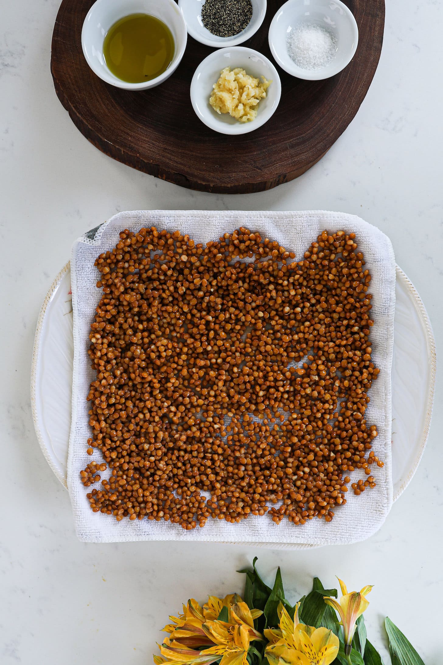 lentils spread on a kitchen towel on a tray.