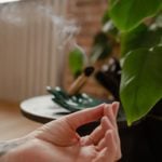 a hand doing a meditation pose with a plant and smoke in the background.