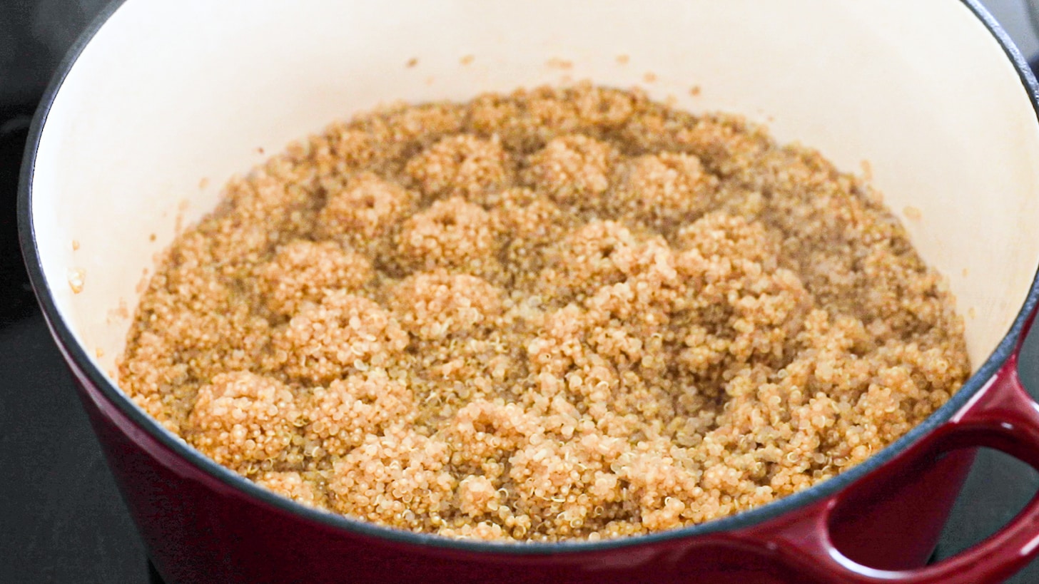 a pot of cooked quinoa.