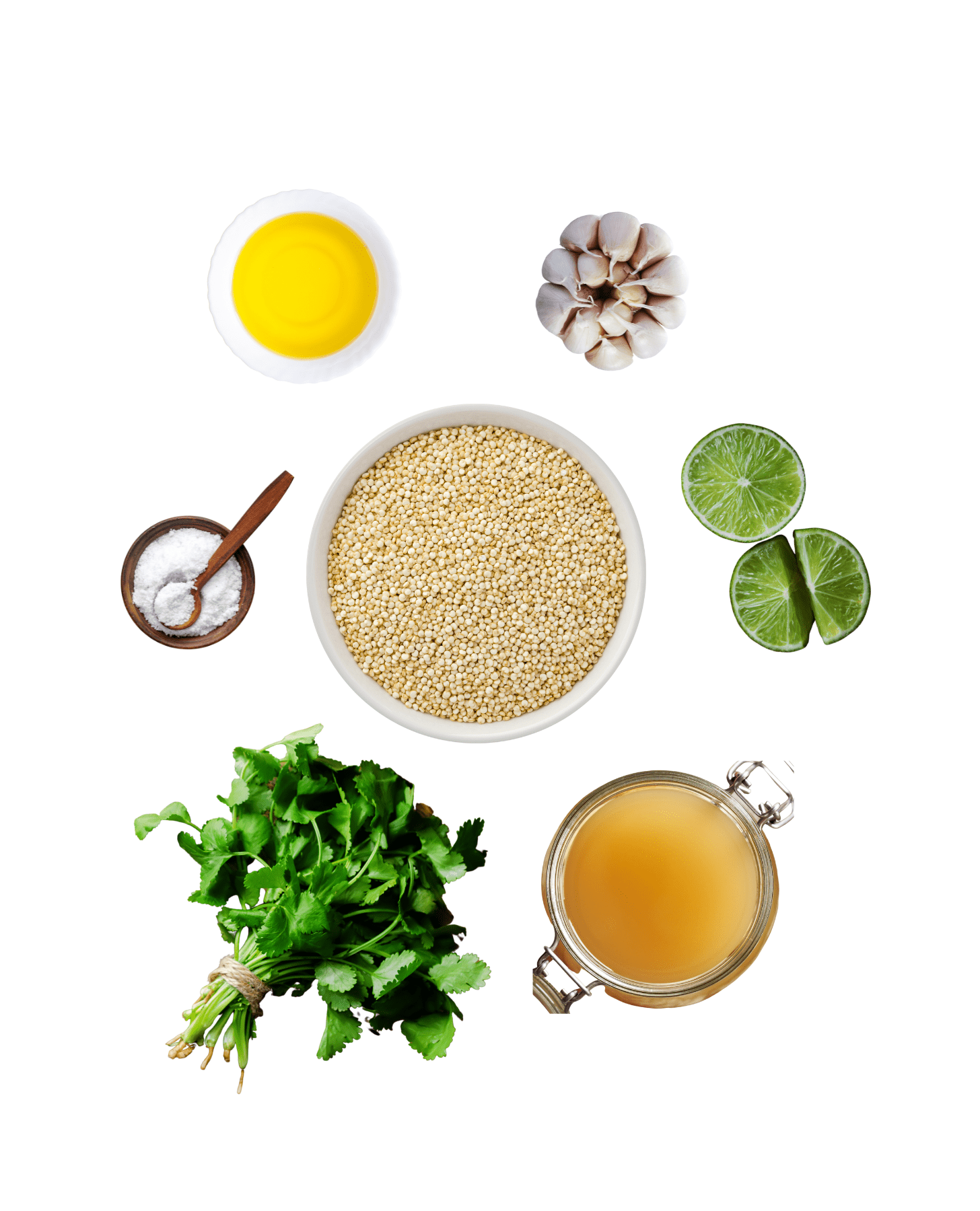 graphic showing food ingredients such as a bowl of quinoa, broth, herbs, oil and lime segments.