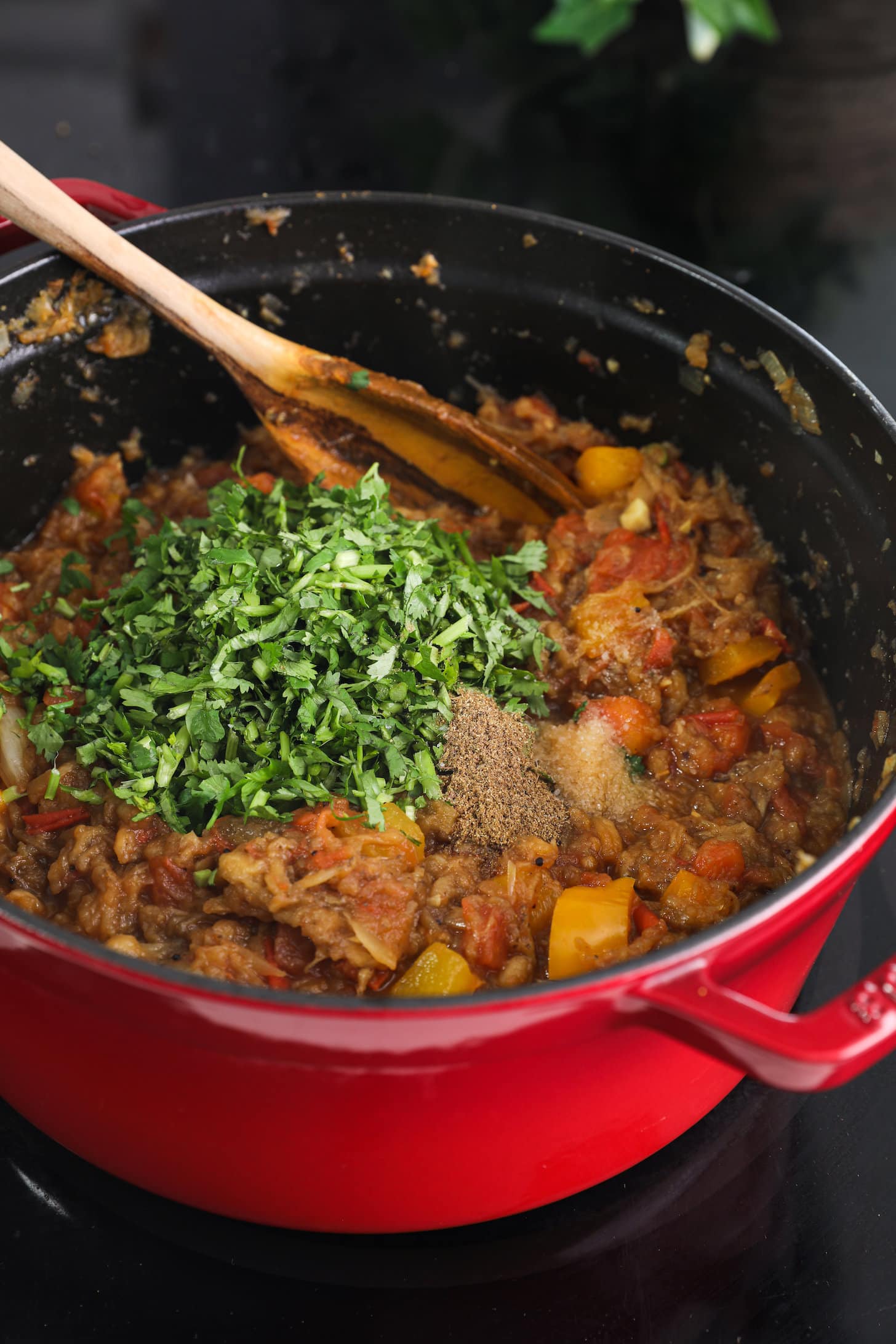 a red pot of mixed vegetables topped with chopped herbs and powdered spice.