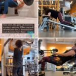 Image collage of a woman exercising at the gym and in her living room.