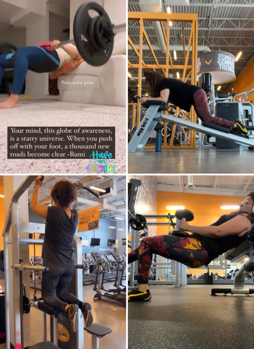 Image collage of a woman exercising at the gym and in her living room.