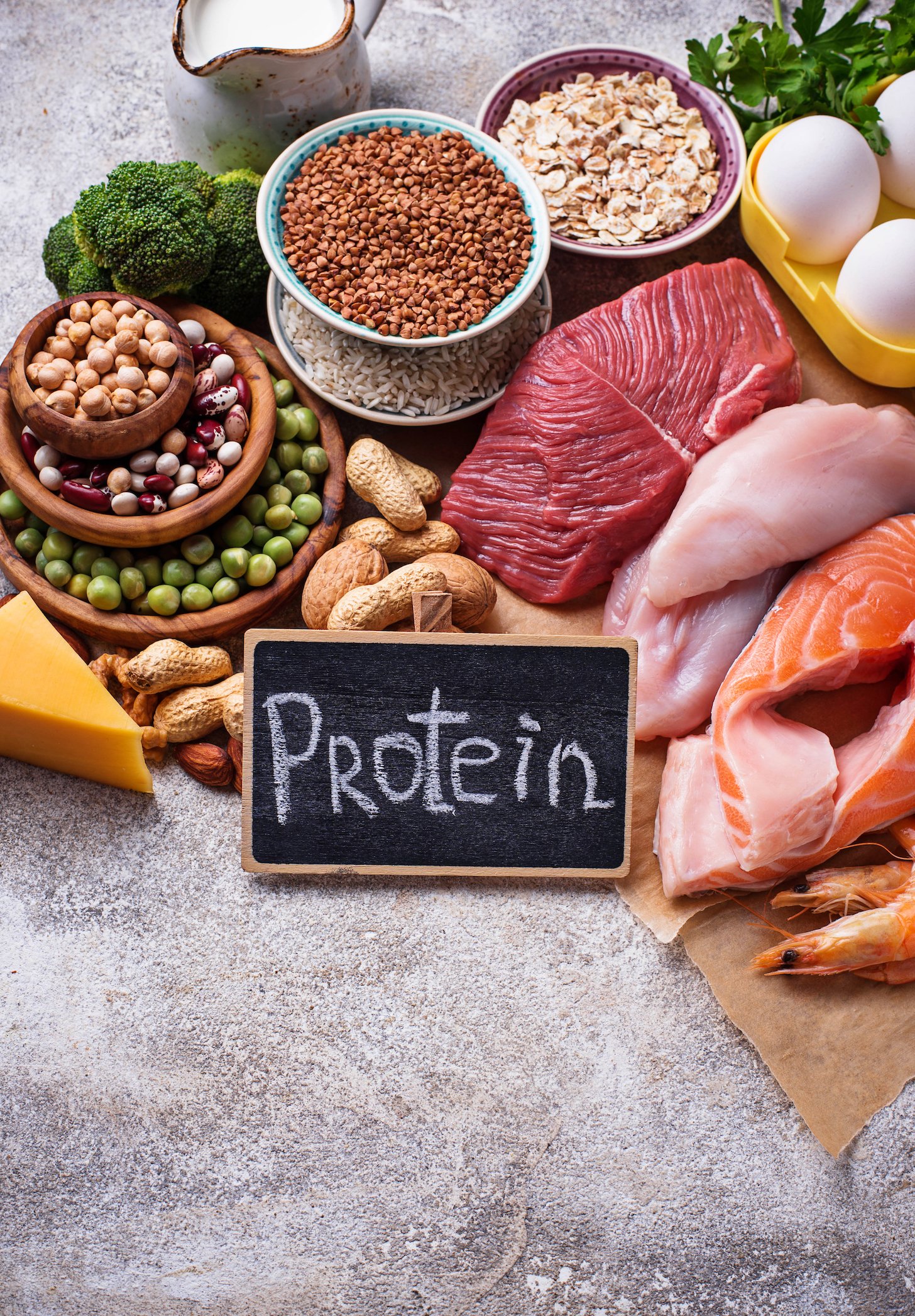 Healthy food high in protein. Meat, fish, dairy products, nuts and beans