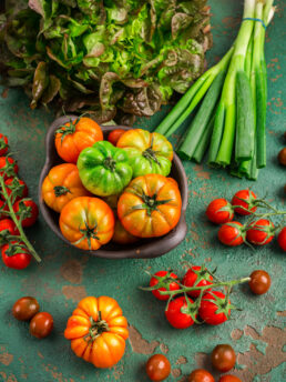 Assortment of tomatoes, lettuce and sprin onions on green background.