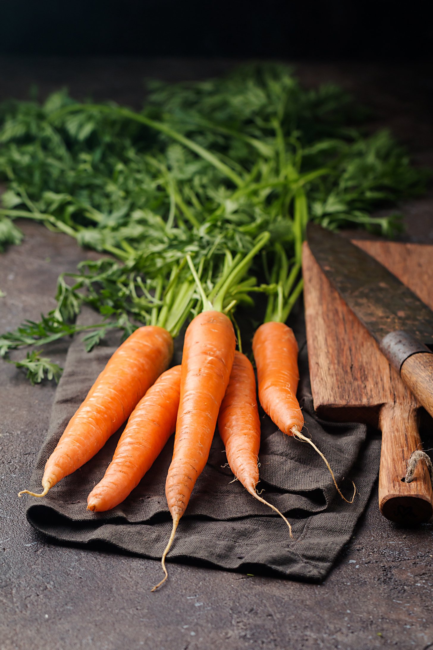 Fresh organic and sweet carrot over dark stone background.