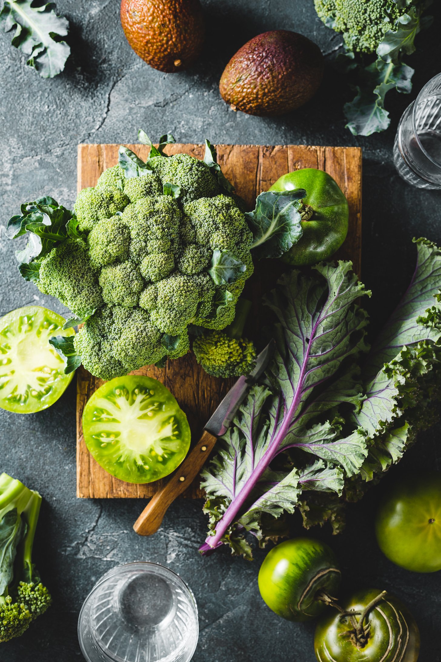 Green vegetables and fruits for making healthy and tasty smoothies. Top view.