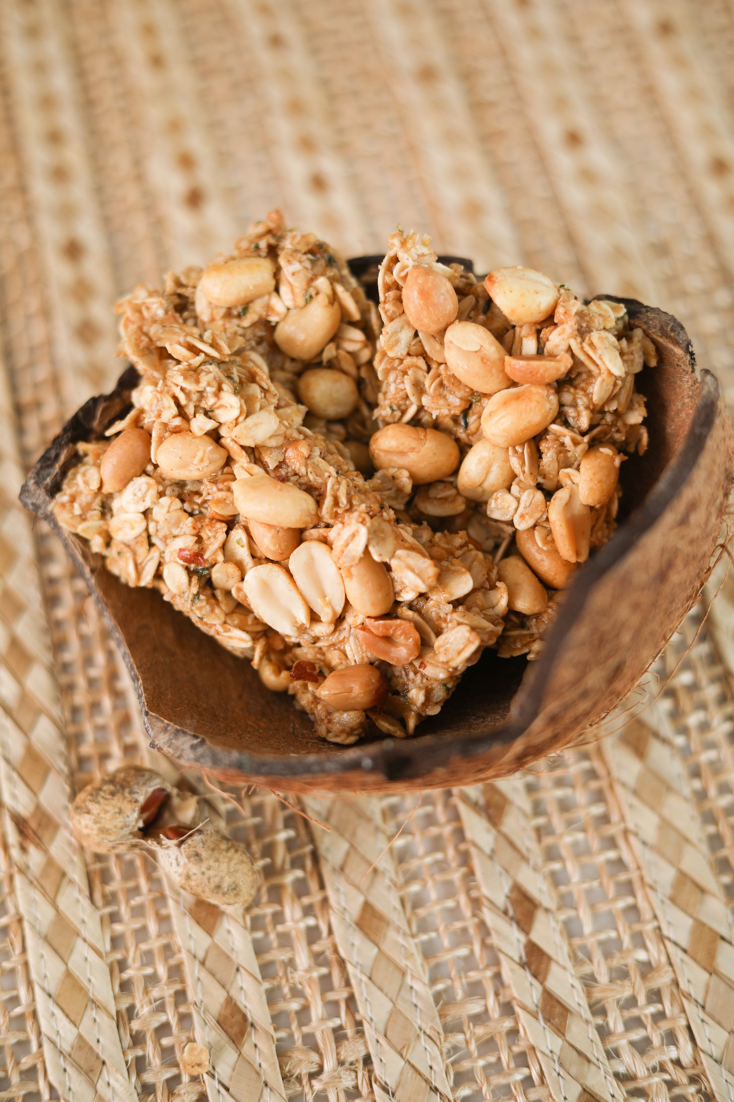 Three oat bars topped with peanuts in a coconut bowl.