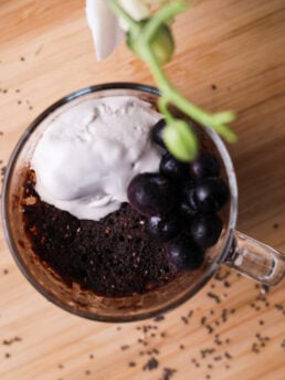 A mug of chocolate cake topped with ice cream and blueberries.