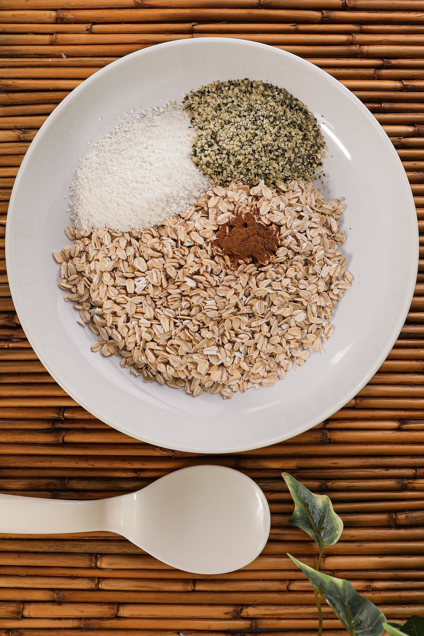 A bowl of containing oats, hemps seeds, coconut and a brown spice.