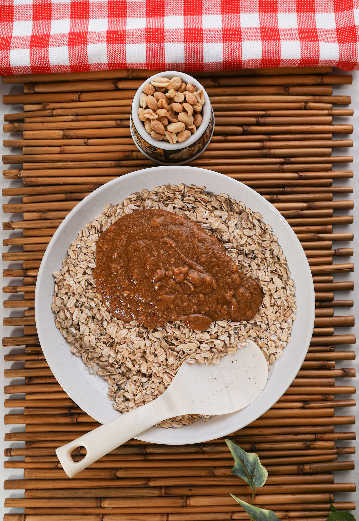 A bowl of rolled oats topped with a thick brown sauce with a ramekin of peanuts on the side.