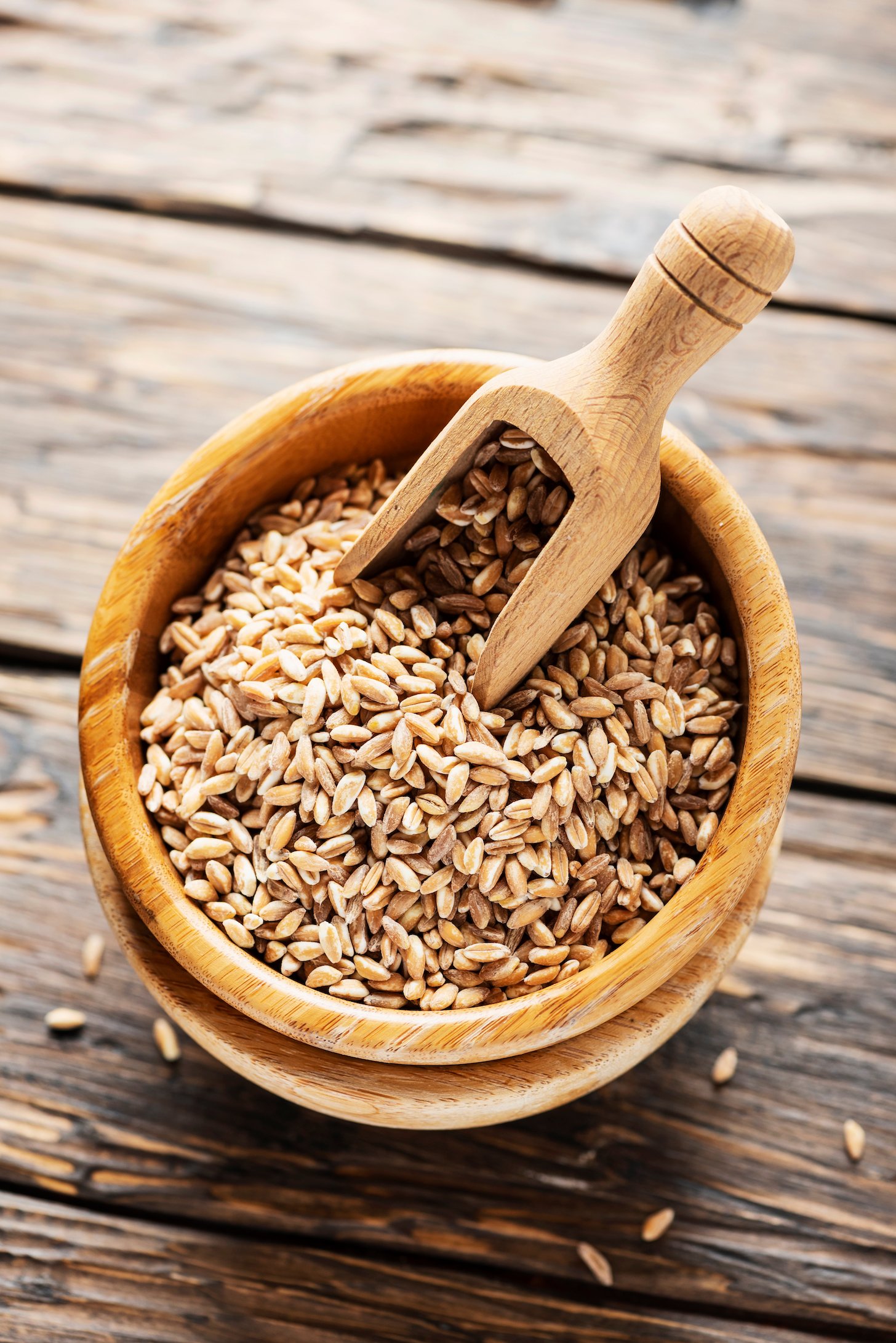 Raw healthy pearl barley on the wooden table, rustic style and selective focus image.