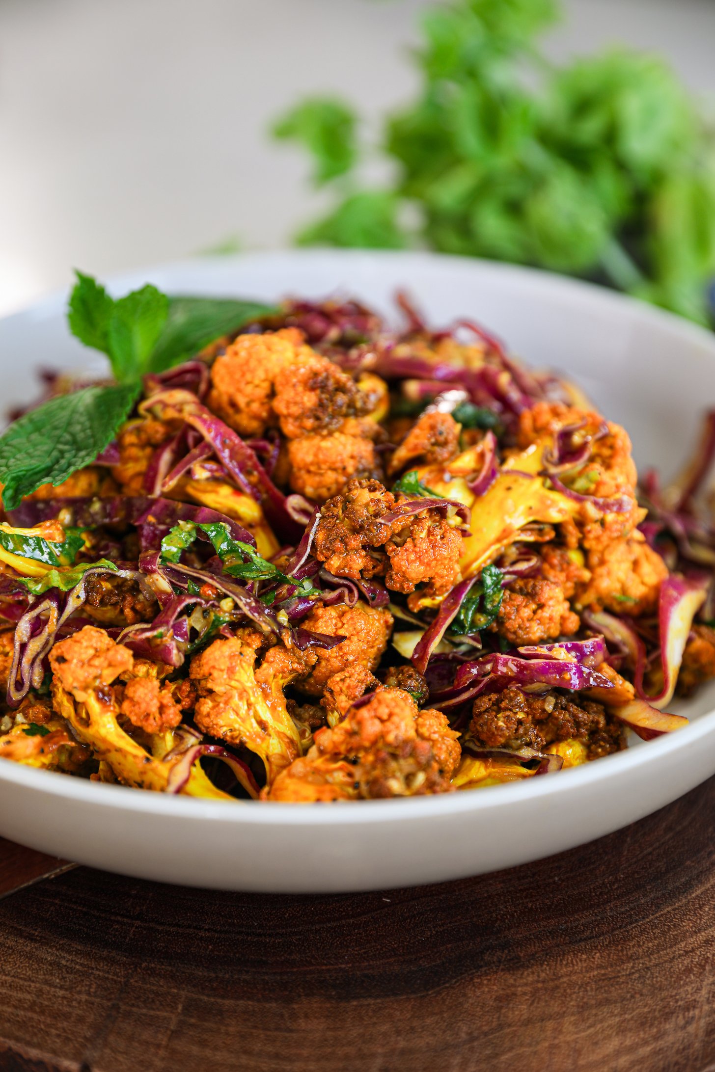 Side image of a bowl of spicy cauliflower and shredded red cabbage salad topped with a sprig of mint and a green plant in the background.