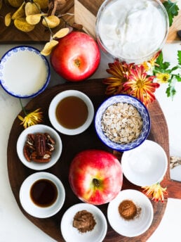 A collection of food ingredients like apples, yogurt, oats, sices and pecans.