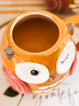 A close up perspective image of an owl mug filled with chai apple cider.