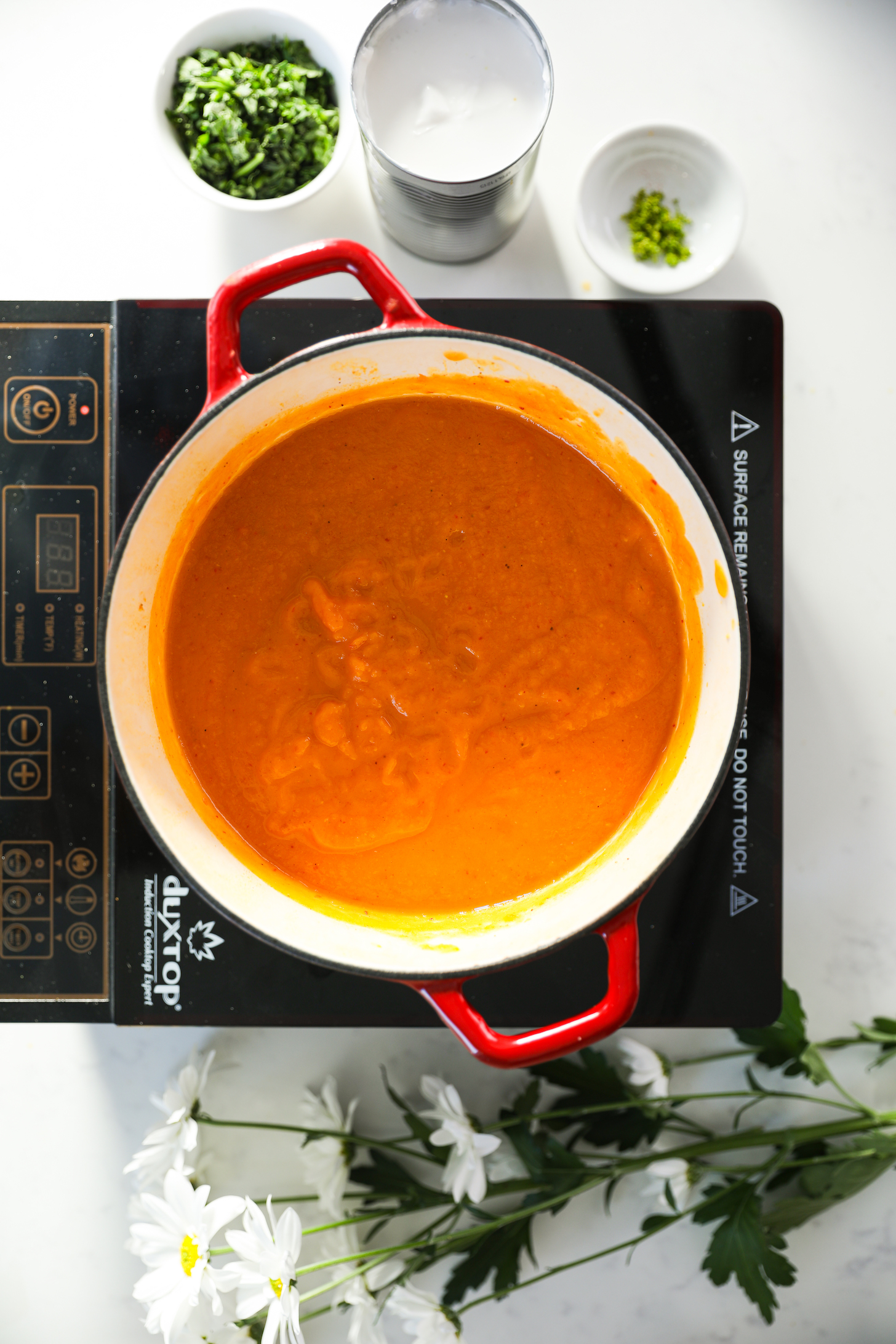 Top-down view of a pureed soup in a cooking pot on a mobile cooktop, surrounded by ramekins and a can of ingredients.