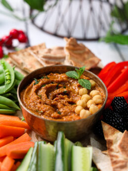 A close up image of a bowl of creamy hummus surrounded by pita and colourful veggies. with a plant in the background.