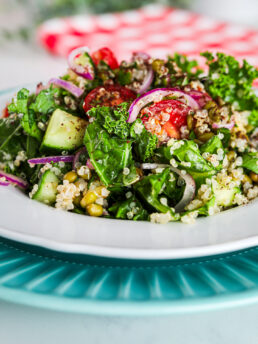 An up-close image showcasing a vibrant salad comprising kale, quinoa, cucumber, tomatoes, and mung beans.