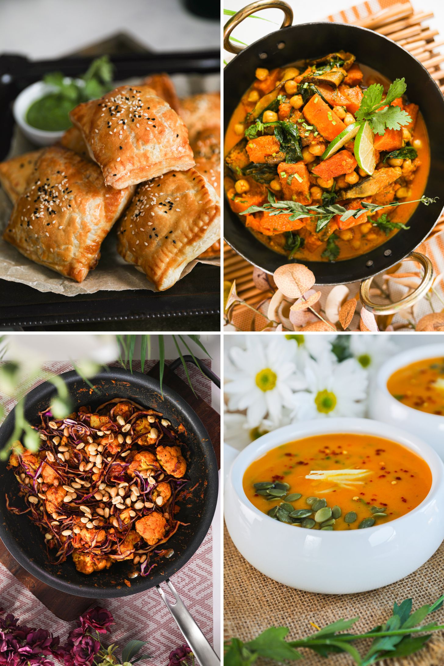 Collage of South Asian Recipes for Ramadan including puff pastry, curry, salads and soup.