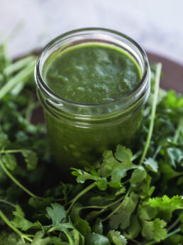 perspective image of a jar of green coriander chutney surrounded by fresh cilantro.