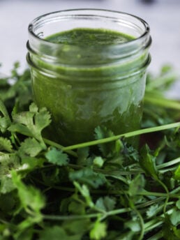 Close up view of a jar of green chutney surrounded by fresh cilantro.